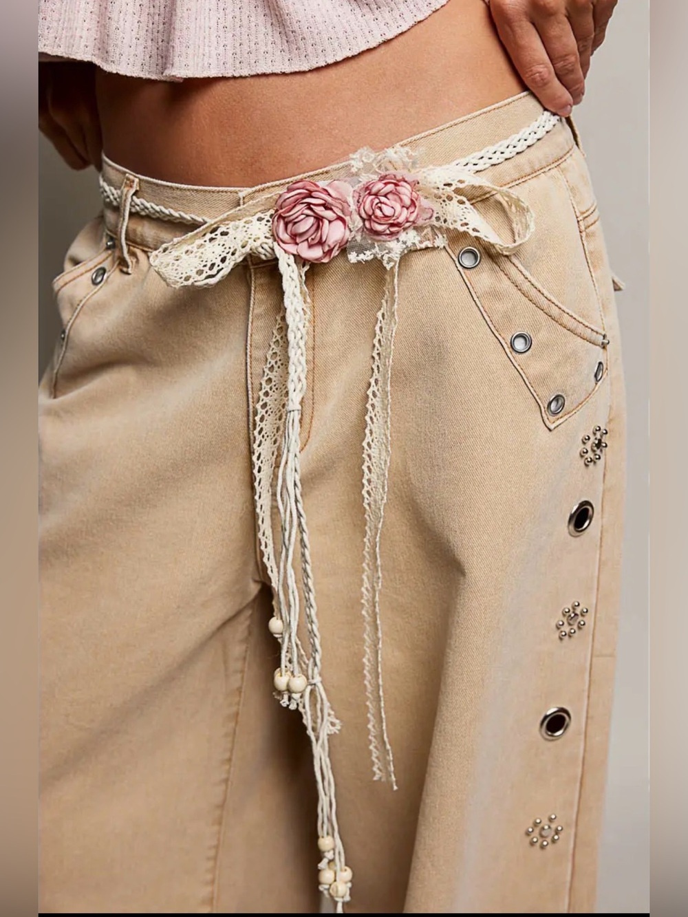 POL embroidered lace crochet tapestry patchwork beaded floral belt